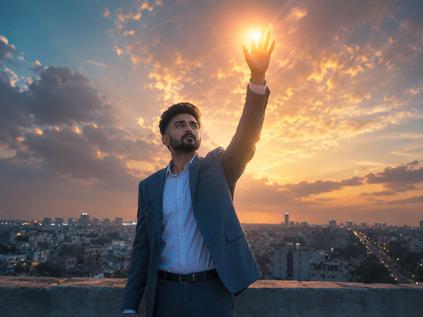 Shalin Silva Thommana reaching toward the sky at sunset